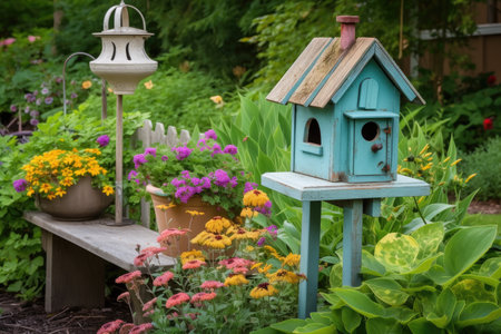 brightly-colored birdhouse and feeder in garden setting, created with generative aiの素材