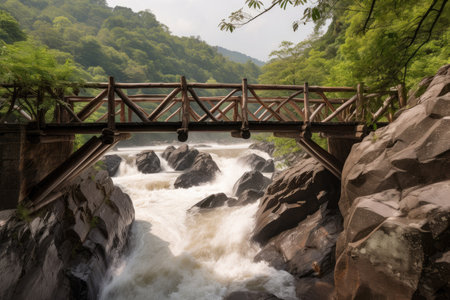 bridge over rushing river, with view of the waterfalls in the distance, created with generative aiの素材