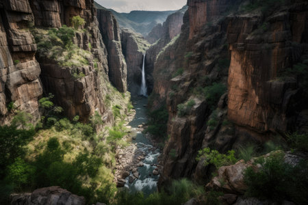 majestic canyon with a waterfall plunging into the river below, created with generative aiの素材