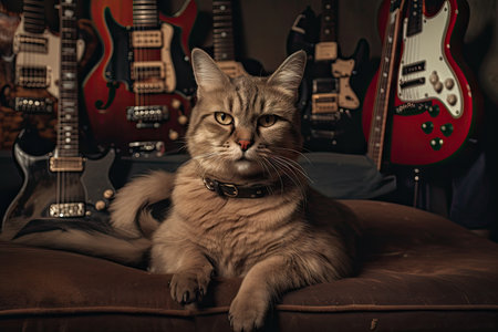 rock star cat sitting on vintage guitar and surrounded by groupies, created with generative aiの素材