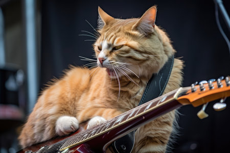 cat, with guitar in paws and captivating smile, rocking out on stage, created with generative aiの素材