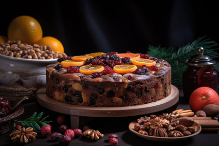 traditional fruit cake, with fruits, nuts, and spices visible, created with generative aiの素材