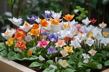 origami flower garden, with delicate blooms and foliage in full bloom, created with generative aiの素材