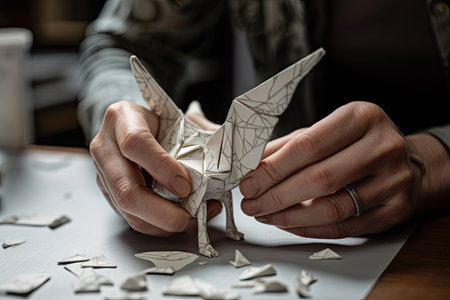 person, folding paper into intricate and delicate origami bird, created with generative aiの素材