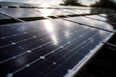 close-up of solar panel with sun shining down, showcasing its clean and renewable energy, created with generative aiの素材