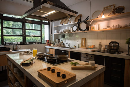 kitchen, with sizzling hot plate and professional cooking tools, is ready for action, created with generative aiの素材