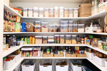 reorganized pantry with clearly labeled food and organized shelves, created with generative aiの素材