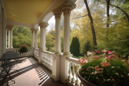 veranda with view of garden and fountain, surrounded by blooming flowers, created with generative aiの素材