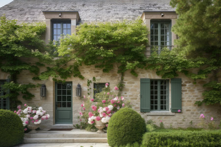 french country house exterior with stone garden wall and blooming flowers, created with generative aiの素材