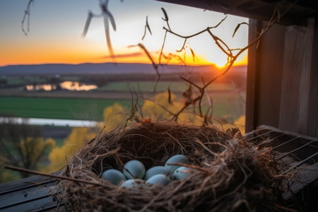 crisp morning, with view of the sunrise and newborn birds in their nest, created with generative aiの素材