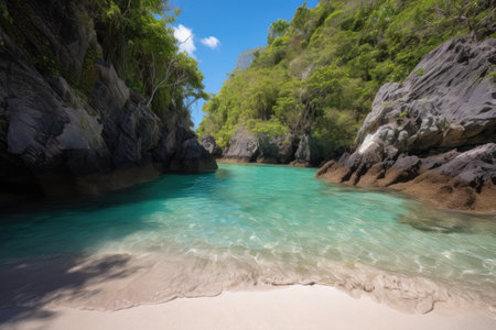 off-the-beaten-path beach, with turquoise waters and white sand, surrounded by lush greenery, created with generative aiの素材