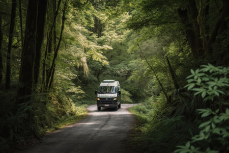 van, surrounded by lush green forest, on winding road trip through the woods, created with generative aiの素材