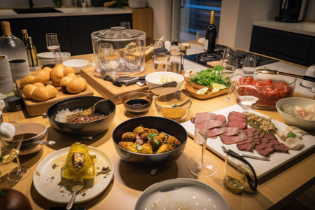 dinner party, with sous-vide cooking and other techniques used to prepare a variety of dishes, created with generative aiの素材