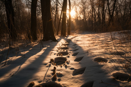 close-up of animal tracks, with sun shining through the trees, created with generative aiの素材