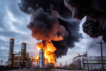 chemical plant, with smoke and flames pouring from the stacks, created with generative aiの素材