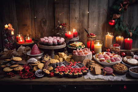 christmas buffet, with overflowing sweets and treats, on rustic table, created with generative aiの素材