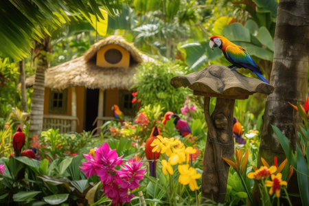 beautiful tropical garden, blooming with vibrant flowers and breathtaking birds, created with generative aiの素材