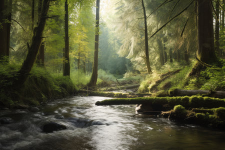 forest with rushing stream, providing habitat for fish and other aquatic species, created with generative aiの素材