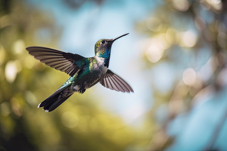 hummingbird hovering in mid-air, with forest and sky serving as the backdrop, created with generative aiの素材