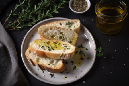 plate of sliced bread, with drizzle of olive oil and sprinkle of herbs, created with generative aiの素材