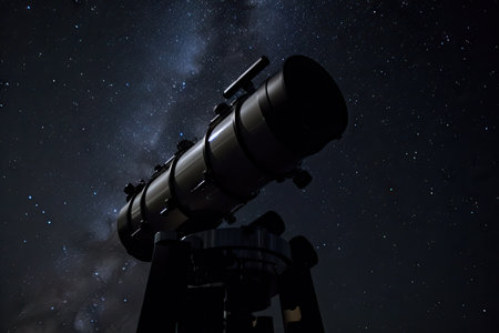 close-up of telescope, with starry night sky visible in the background, created with generative aiの素材