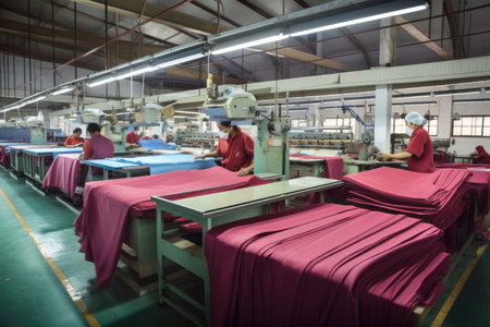 textile factory, with workers preparing bundles of fabric for shipping, created with generative aiの素材