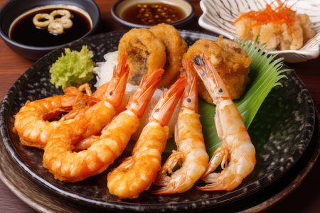 plate of tiger shrimp prawns, cooked in variety of ways, including tempura and black pepper, created with generative aiの素材