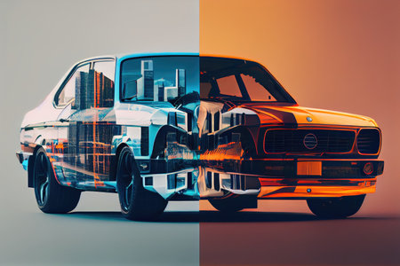 two different cars with overlapping images in double exposure, created with generative aiの素材