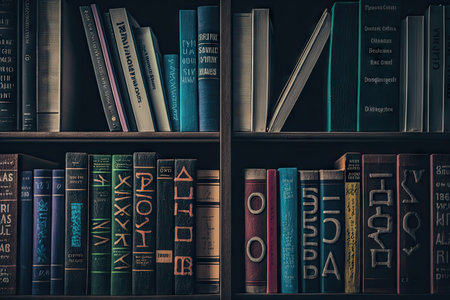 close-up of bookshelves with neatly organized and labeled books, created with generative aiの素材