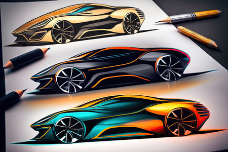 car design sketches with different color schemes, showing off a sleek and stylish exterior, created with generative aiの素材