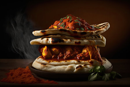 stack of warm naan bread topped with flavorful tikka masala, created with generative aiの素材