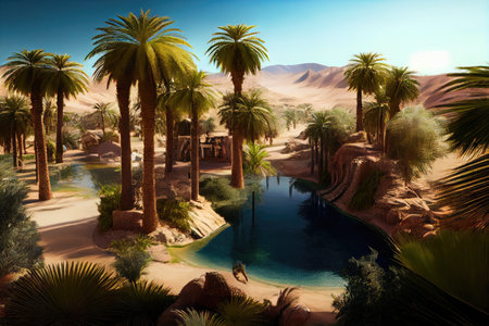 oasis with palm trees and pool, surrounded by desert terrain, created with generative aiの素材