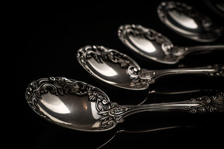 antique silver spoons on black background for stunning visual effect, created with generative aiの素材