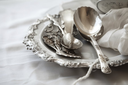 antique silver spoons displayed on white porcelain plate, created with generative aiの素材