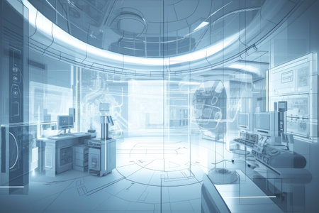 architectural blueprint of futuristic, modern laboratory with advanced technology, created with generative aiの素材