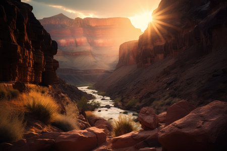 majestic canyon, with the sun setting behind it, casting a warm glow, created with generative aiの素材