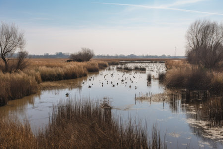 freshwater marsh, with birds and other wildlife visible, created with generative aiの素材