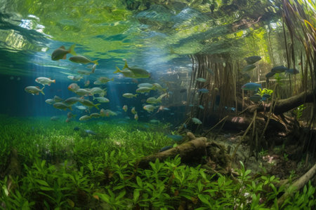 tropical freshwater ecosystem with lush vegetation and schools of fish, created with generative aiの素材