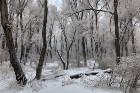 snow-covered forest, with the trees and branches draped in white, created with generative aiの素材