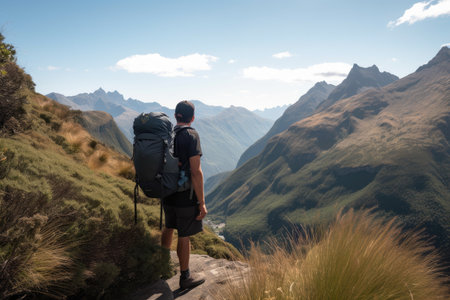 a backpacker, taking in the view on a mountain trail, created with generative aiの素材