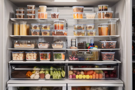 refrigerator with multiple bins and labels for food storage, created with generative aiの素材