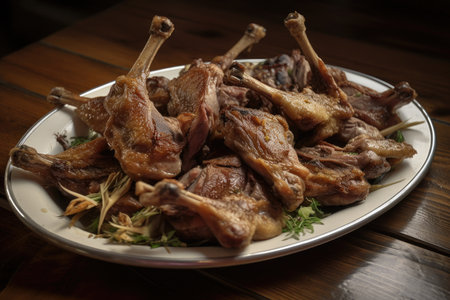platter of fried duck legs, with the bones left visible, created with generative aiの素材