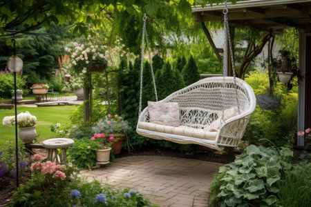 luxe backyard with pool and hot tub, surrounded by landscaping and outdoor seating, created with generative aiの素材