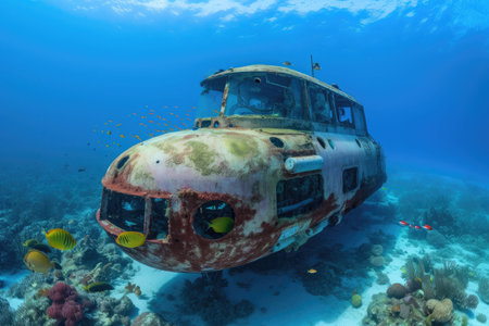 submersible, surrounded by schools of fish and colorful coral reef, created with generative aiの素材