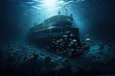 submersible in a dark and mysterious abyss, with schools of fish swimming past, created with generative aiの素材
