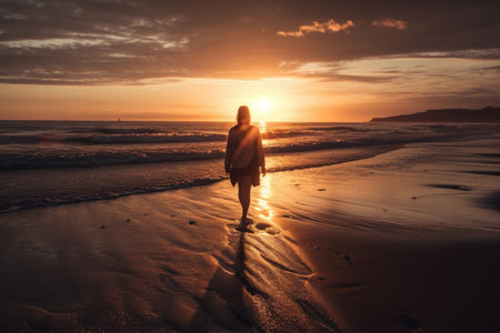 person, walking along the beach, with sunset in the background, created with generative aiの素材