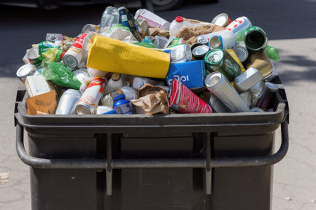a recycling bin overflowing with recyclables, created with generative aiの素材