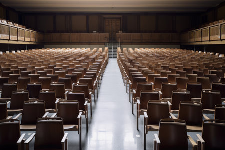 empty lecture hall, filled with rows of wooden chairs, waiting for students to arrive, created with generative aiの素材
