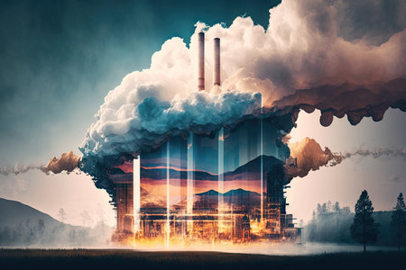 energy industry double exposure with close-up of power plant, smoke and steam coming from the chimneys, created with generative aiの素材
