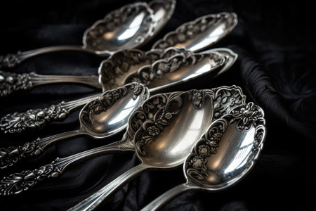 antique silver spoons arranged in beautiful and intricate pattern on black velvet, created with generative aiの素材